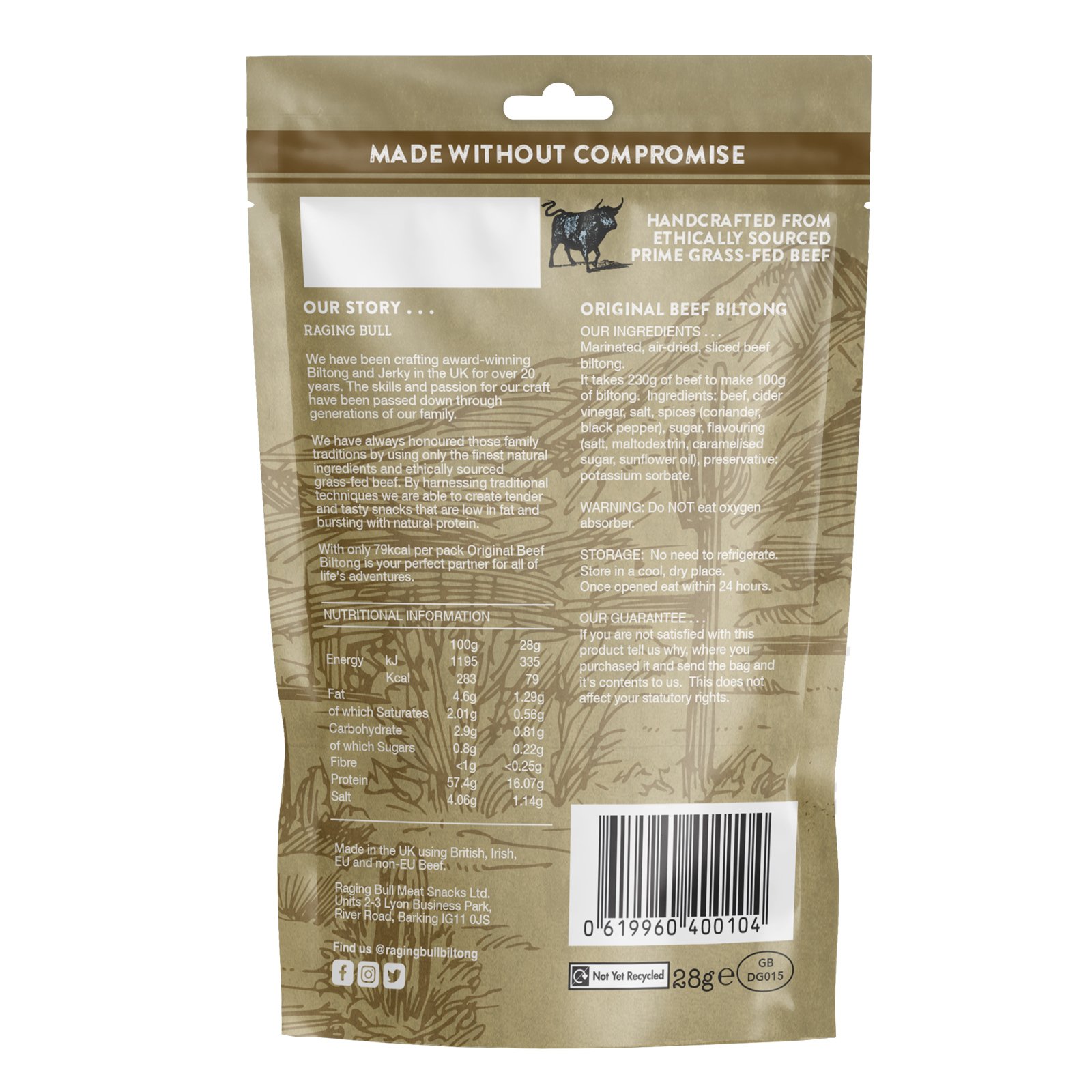 Raging Bull Original Beef Biltong back of pack