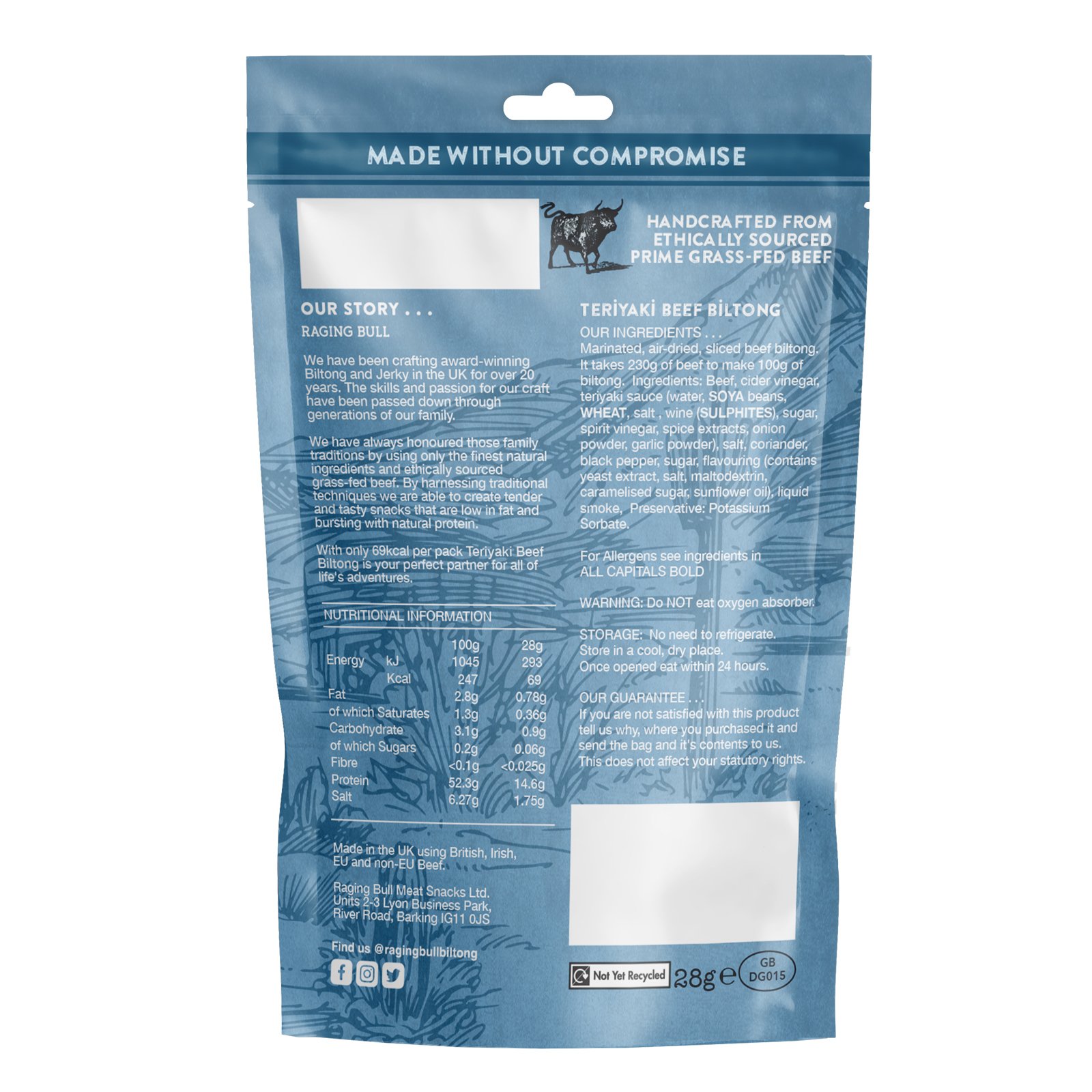 Raging Bull Teriyaki Beef Biltong back of pack